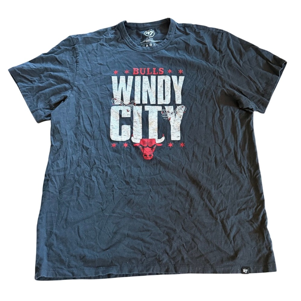 47 Brand Mens Windy City Chicago Bulls T-Shirt XL Charcoal NBA Tee Athletic Fan